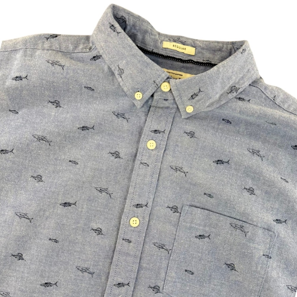 Hawker Rye Mens Blue Fish Shark Print Stretch Oxford Short Sleeve Shirt‎ Large